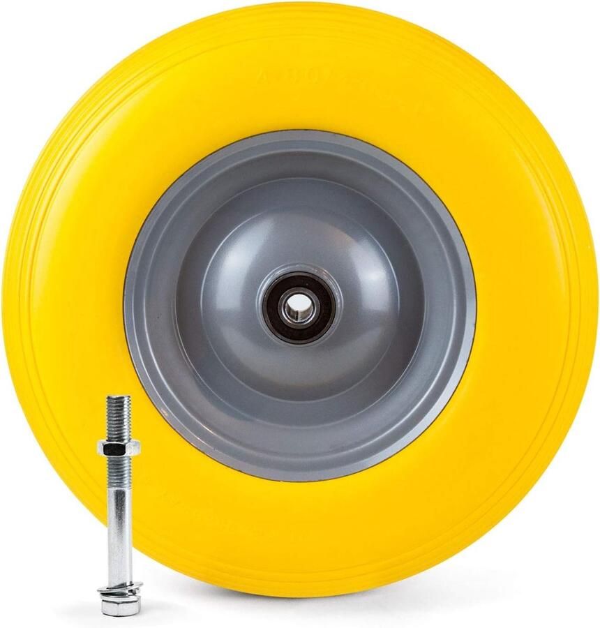 Kruiwagenwiel lekvrij massief rubber 4.80 4.00-8 Ø 390 mm stalen velg 180 kg draagvermogen incl. as kruiwagen reservewiel PU banden geel