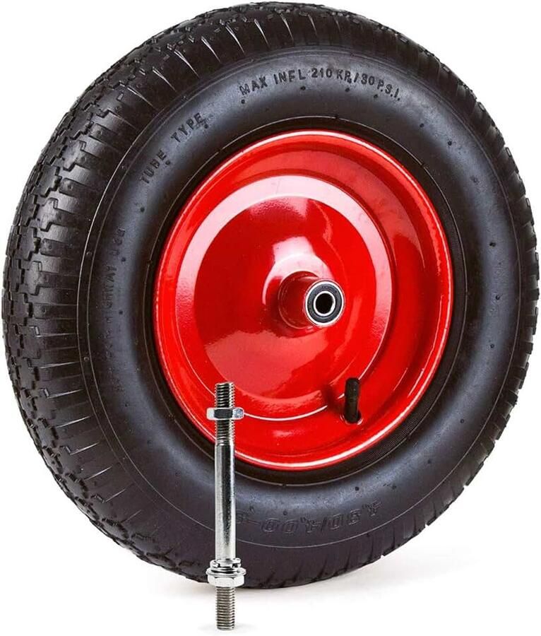 Kruiwagenwiel luchtbanden 4.80 4.00-8 Ø 380 mm stalen velg 120 kg draagvermogen incl. as kruiwagen reservewiel luchtwiel banden