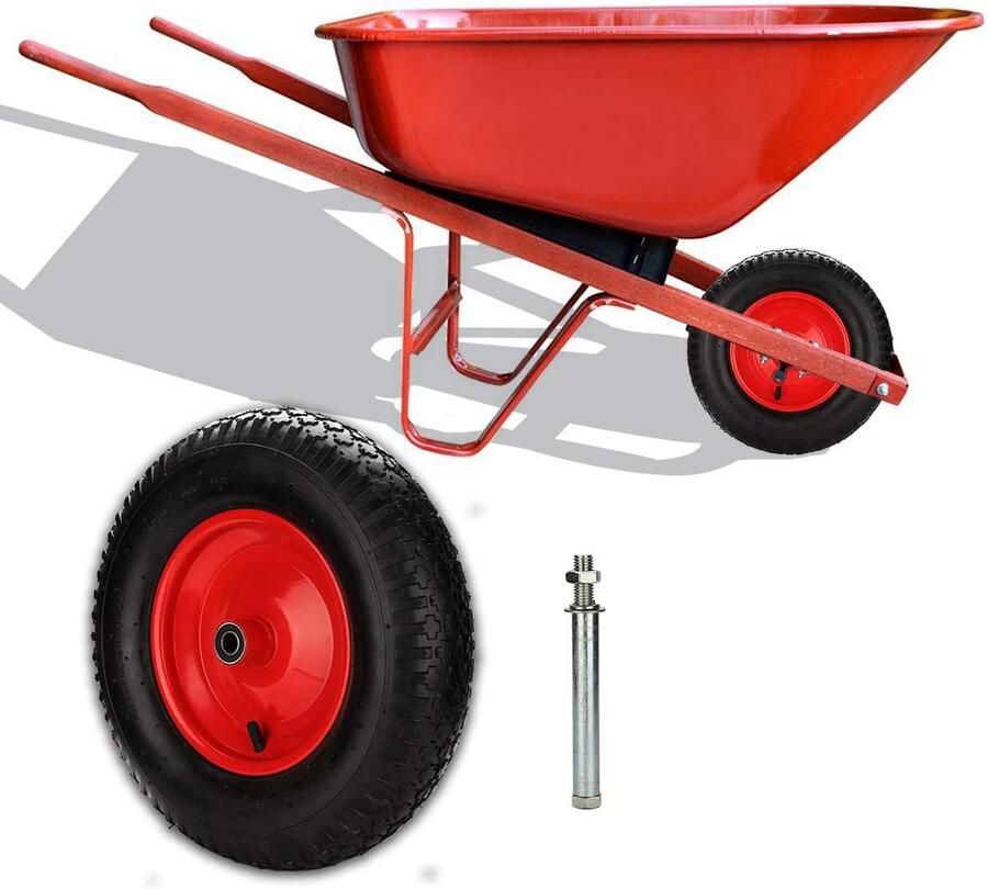 Kruiwagenwiel luchtbanden diameter 390 mm met as 4.80 4.00-8 reservewiel rubberen velg stalen velg banden voor tuinkarren zwart-rood