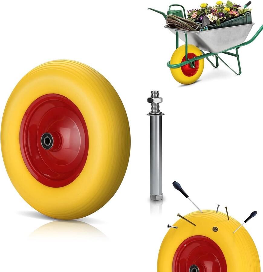 Kruiwagenwiel massief rubber lekvrij 4 80 4 00-8 Ø 390 mm met as 200 kg draagkracht reservewiel rubberen wiel stalen velg voor kruiwagen geel rood