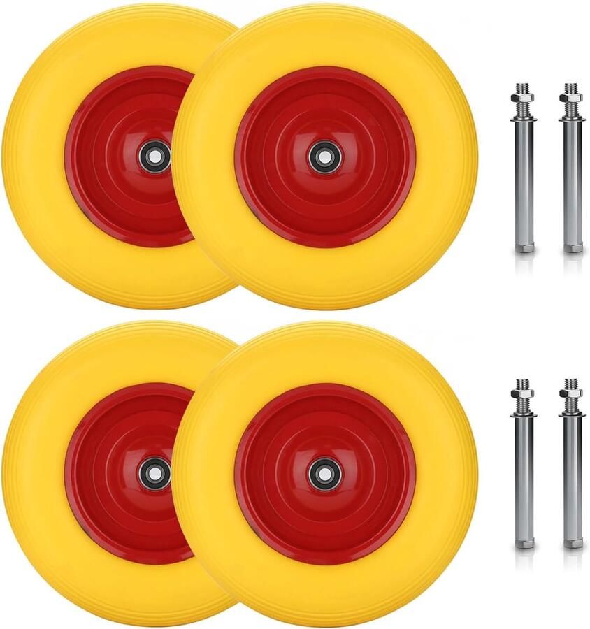 Kruiwagenwiel massief rubber lekvrij 4 80 4 00-8 Ø 390 mm met as 200 kg draagkracht reservewiel rubberen velg voor kruiwagen geel rood 4 stuks