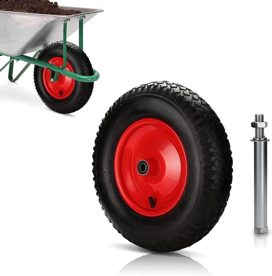 Kruiwagenwiel met luchtbanden 4 80 4 00-8 Ø 390 mm PU-rubberen wiel met as 200 kg draagvermogen reservewiel bandbreedte 95 mm voor kruiwagen tuinwagen zwart rood