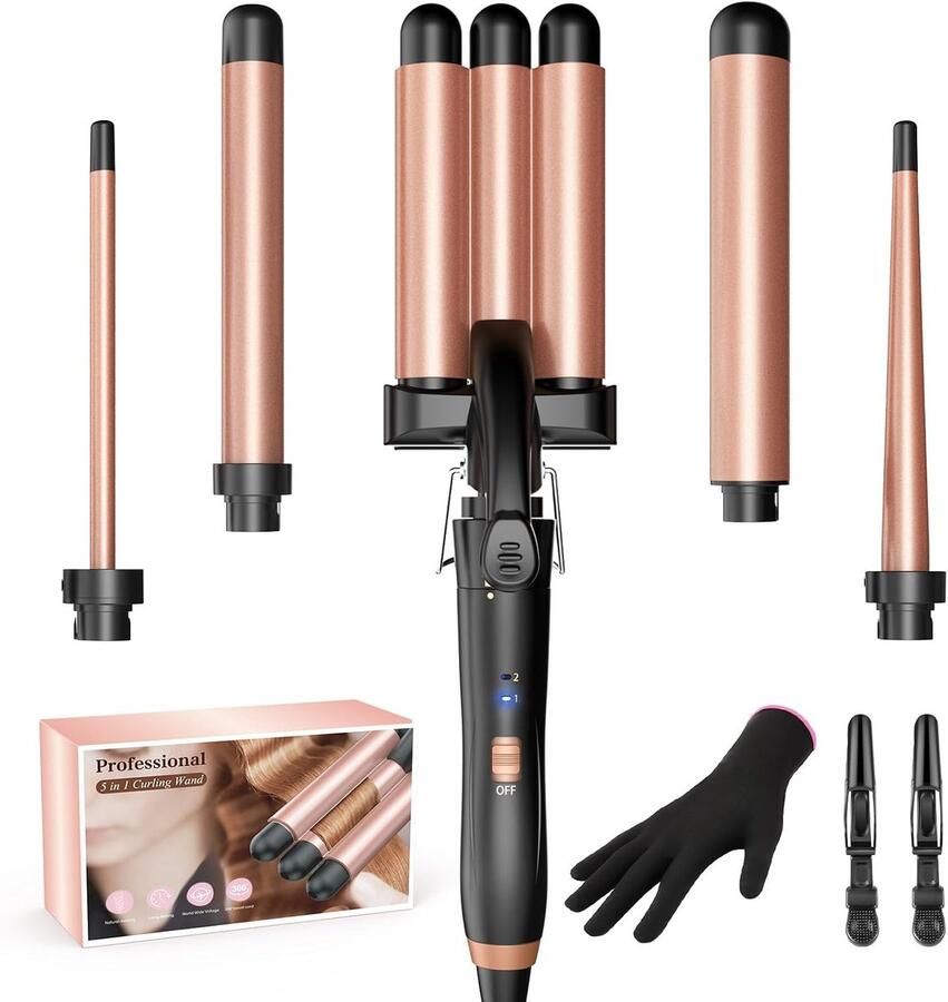 Krultang 5-in-1 krultang 3 vaten met verschillende opzetstukken instelbare temperatuur krultang grote krullen PTC snel opwarmen set met handdouche en 2 clips