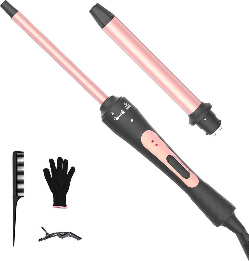 Krultang met verschillende opzetstukken 9 mm en 25 mm met kwartskeramische coating twee temperatuurniveaus snel opwarmen geleverd met handschoenen 2 haarklemmen kam (roze-A)