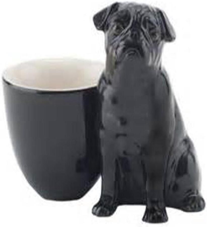 Kwartel Keramiek Beker Hondje met Ei Ontbijt Presentatie Handgeschilderd Design 7.5 cm Hoog Zwart