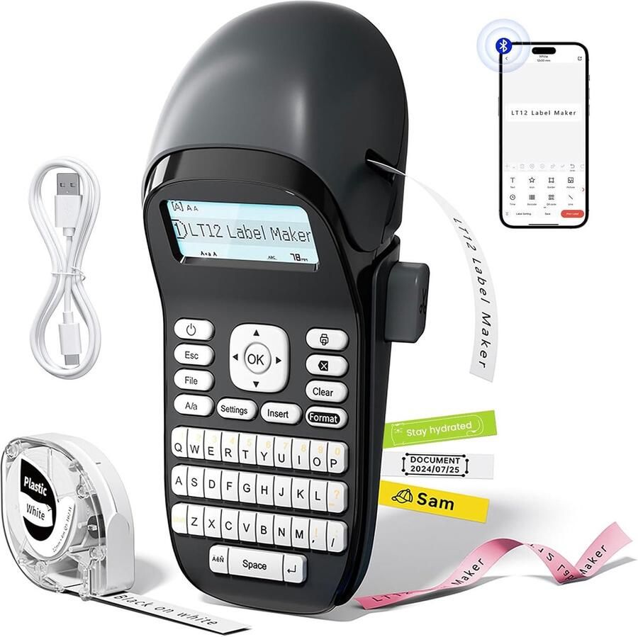 Label Maker Machine LT12 Bluetooth Draagbare Labelprinter Handheld Label Maker Machine Toetsenbord Label Printer Machine voor Thuis kantoor LCD-Etiketteringsmachine Eenvoudig te Gebruiken Gri