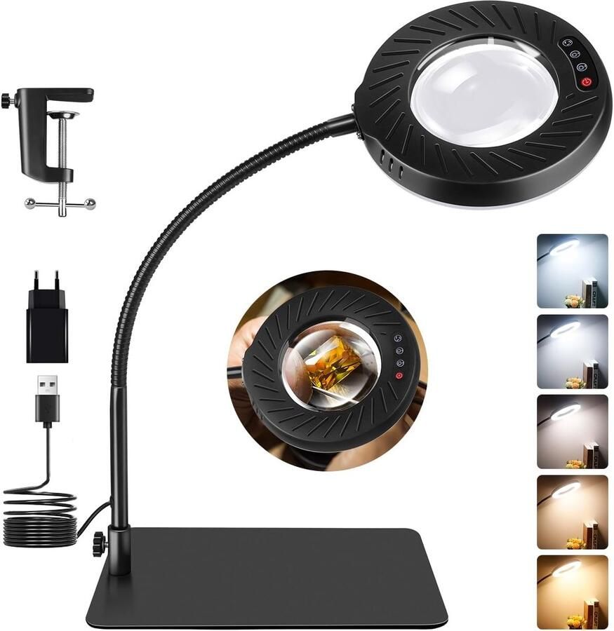 Lamp met 12-voudige vergroting met licht en houder dimbare led-tafellamp met 5 kleurmodi 9 helderheidsniveaus voor handwerk reparaties schilderen met