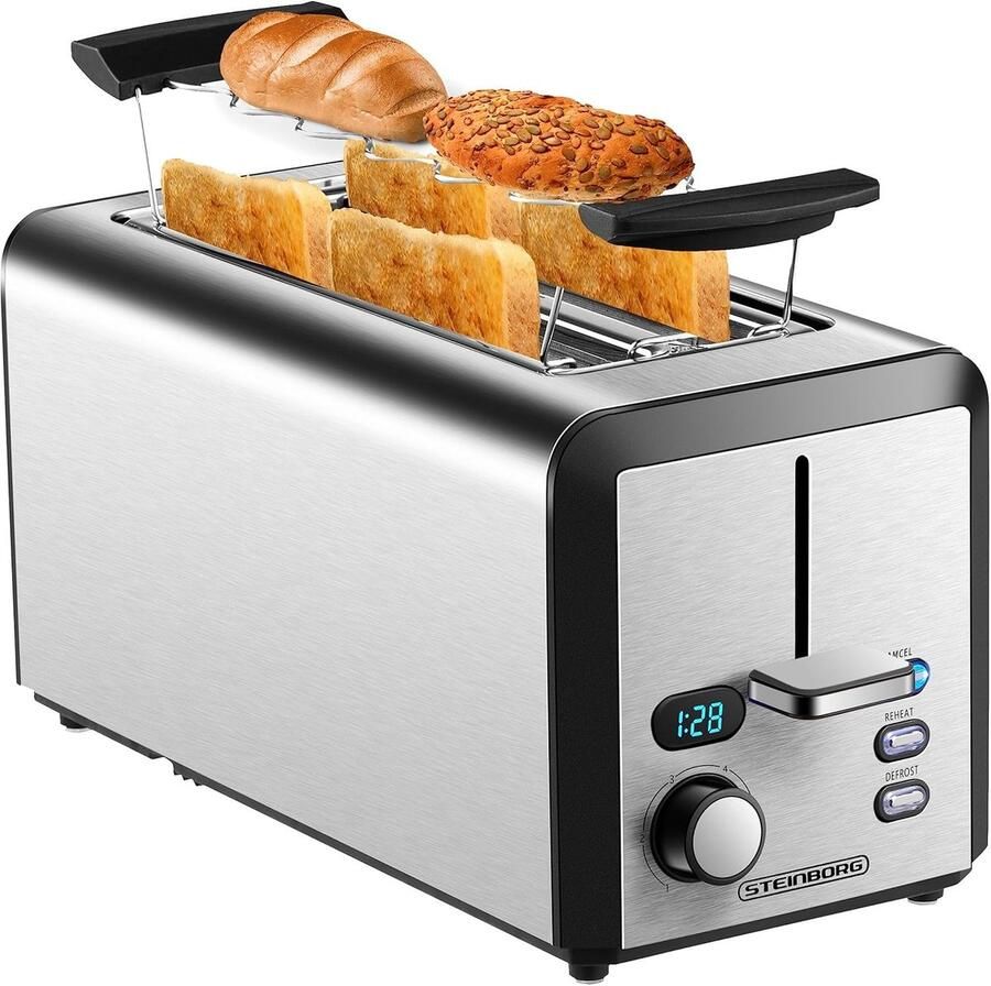 Lange Sleuf Broodrooster voor 4 Sneetjes 1500 Watt XXL met Bruiningsregelaar en Led-Display