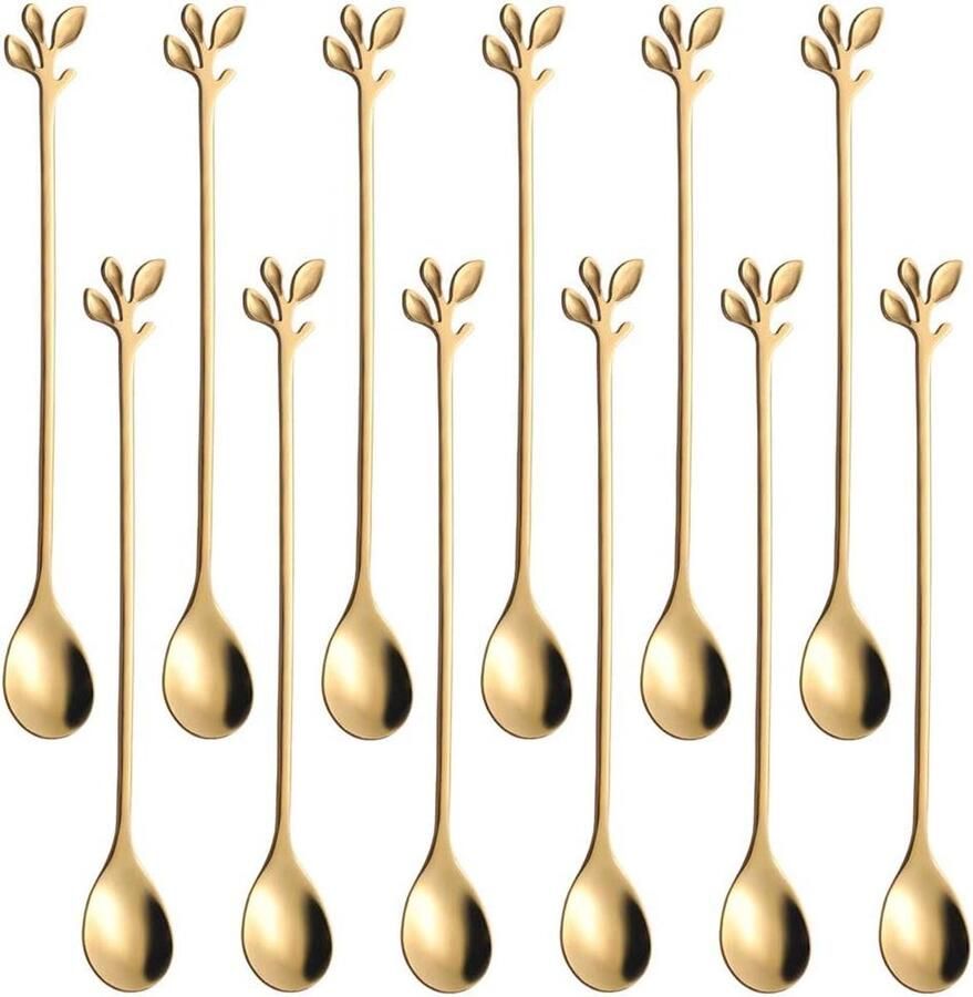 Lange Theelepels Roerlepels Set Koffie Thee Roeren Bladvormig Handvat Set van 12 Goud