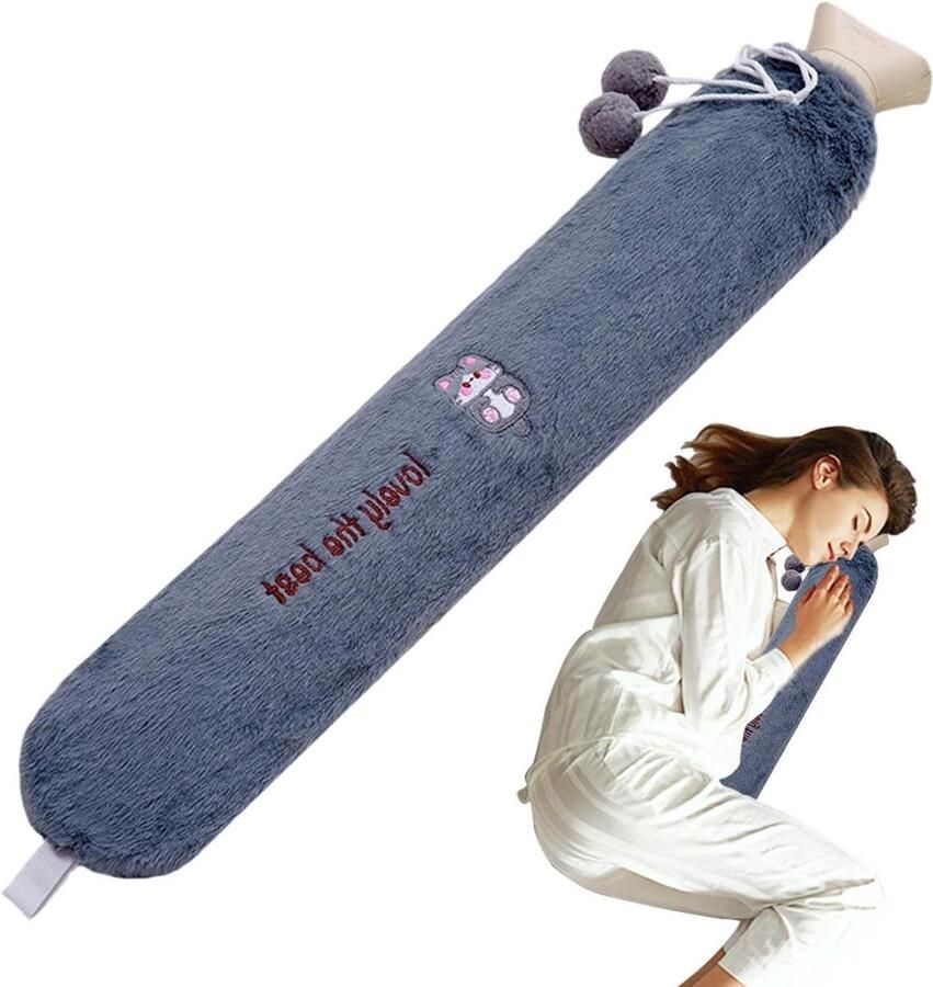 Lange warmwaterkruik Warmwaterzak kruik Lekker opwarmen Zacht pluche materiaal 60 cm Grijs