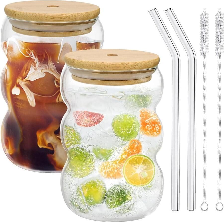 Latte glas 2 stuks 550 ml glazen bekers met deksel en rietje latteglazen bubble glazen beker macchiato-glazen cocktailglas koffieglas ijskoffie drinkglas met borstel en rietje