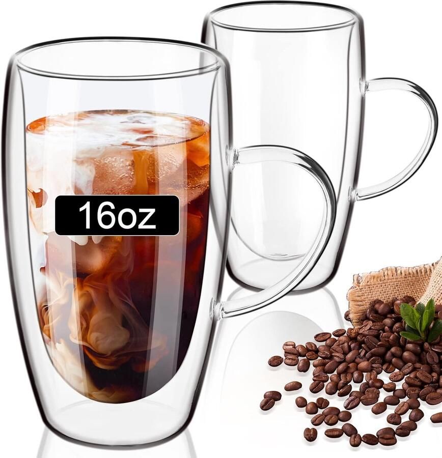 Latte Glazen 470ML Set van 2 dubbelwandige glazen mokken zonder deksel Helder borosilicaatglas koffiemokken met handvat perfect voor cappuccino latte espresso warme drank thee