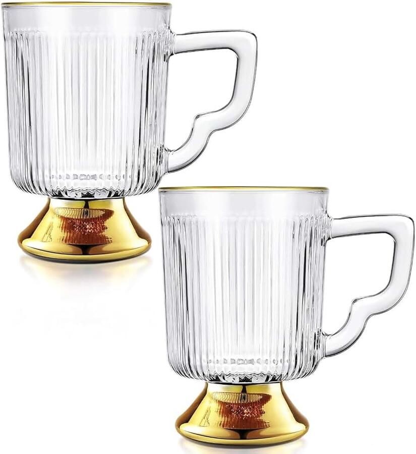 Latte Glazen Thee Koffie Mokken Set van 2 350ml Geribbelde Koffie Thee Glazen Bekers Warme Drank Cafe Mokken met Handvat Ideaal voor Melk Sap IJs Crème Latte Cappuccino Espresso en Warme
