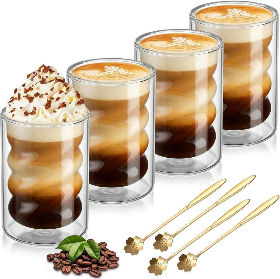 Latte Macchiato glazen 400 ml dubbelwandig set van 4 thermoglazen met lepel spiraal voor cappuccino koffie en warme dranken