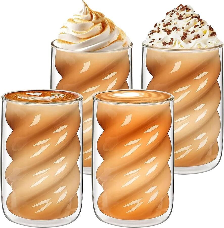 Latte Macchiato glazen dubbelwandige koffieglazen 350 ml set van 4 cappuccinoglazen met 4 lepels thermoglazen dubbelwandige theeglazen spiraalvormig glas voor latte thee koffie