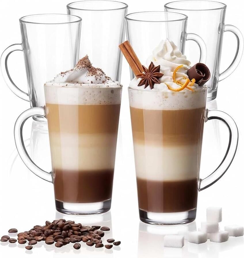 Latte Macchiato Glazen met Handvat Glazen Set (6-Delig) 270ml (max. 350ml) Theeglazen Koffie Glazen