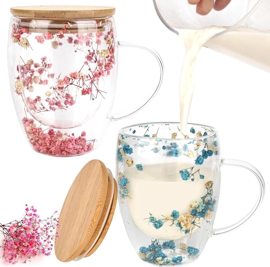 Latte macchiato-glazen met lepel 350 ml cappuccinoglazen dubbelwandig met deksel dubbelwandige koffieglazen met handvat thermoglazen met droogbloemen (roze blauw)