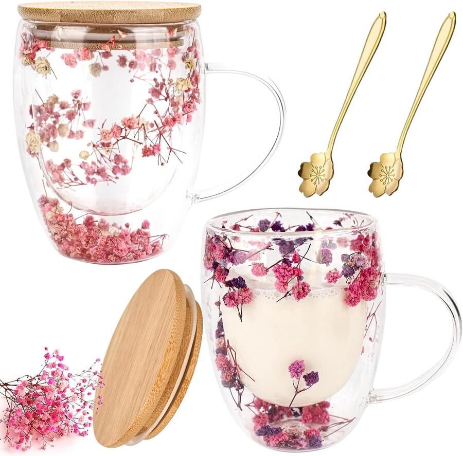 Latte macchiato-glazen met lepel 350 ml cappuccinoglazen dubbelwandig met deksel dubbelwandige koffieglazen met handvat thermoglazen dubbelwandig met droogbloemen 2 stuks
