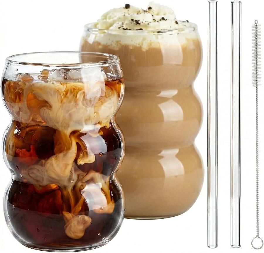 Latte Macchiato glazen set van 2 koffieglazen perfect geschikt voor cappuccino Caffe Lungo of Americano vaatwasmachinebestendig bubbelglazen 550 ml gratis borstel en rietje