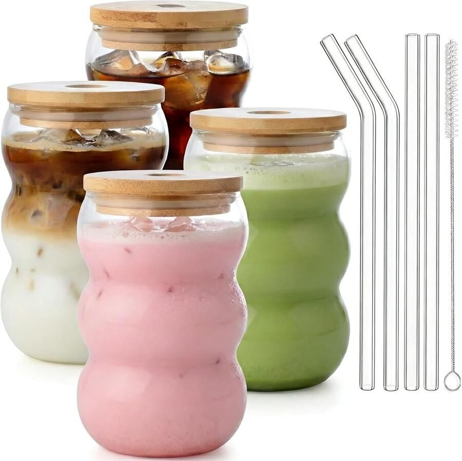 Latte Macchiato glazen set van 4 ijskoffieglazen met deksel vaatwasmachinebestendig bubble glazen bekers 550 ml cocktailglas gratis borstel en rietje