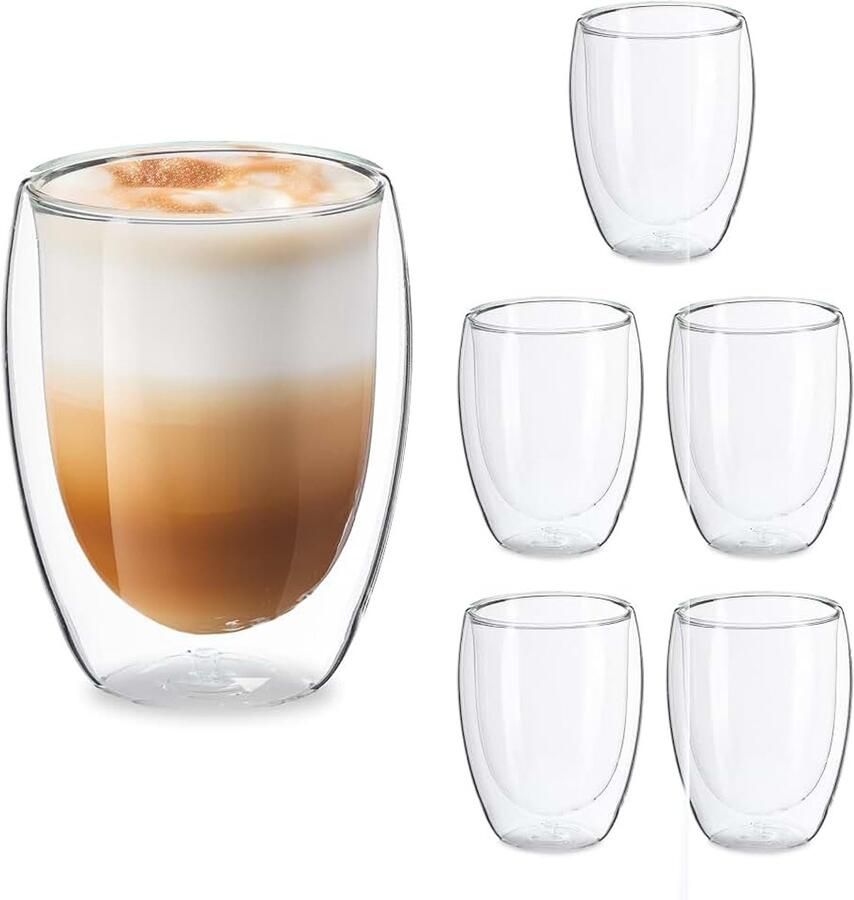 Latte macchiato glazen set van 6 dubbelwandig 350 ml vaatwasserbestendig koffieglazen transparant
