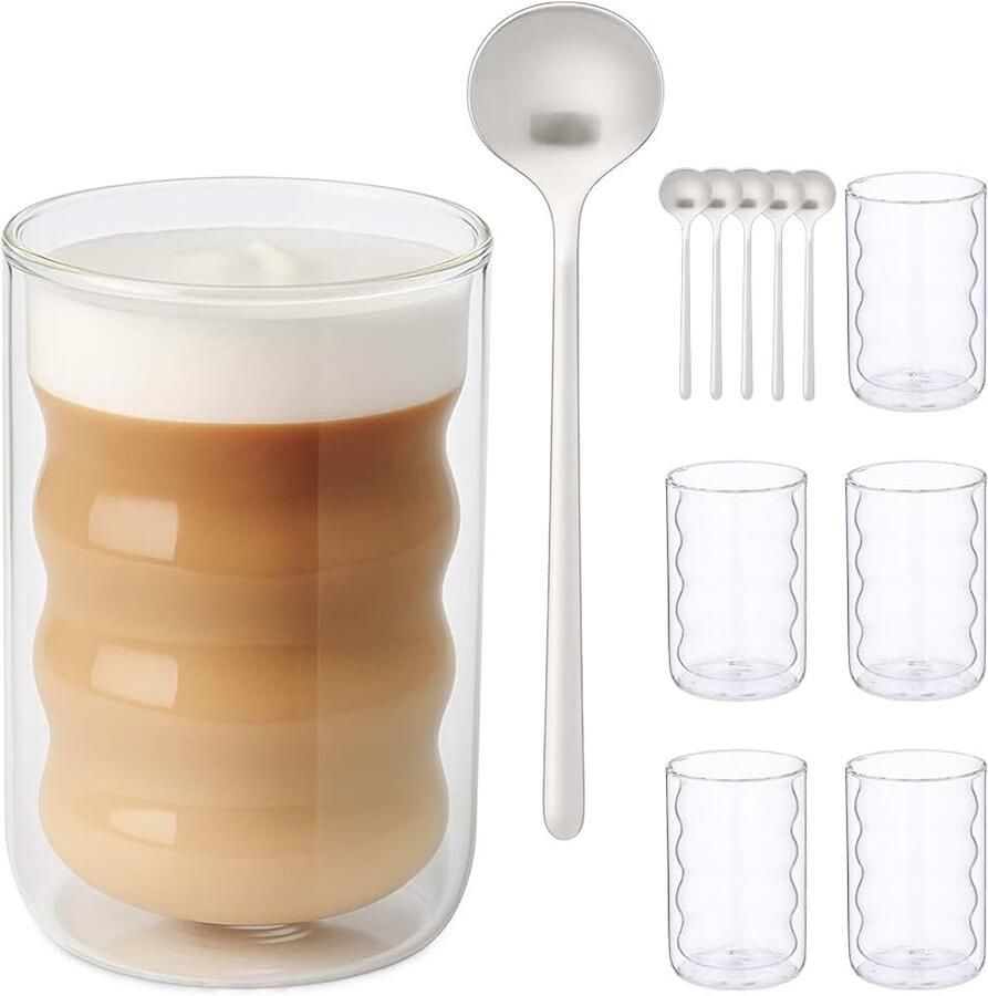 Latte macchiato glazen set van 6 met lepel spiraalvormig dubbelwandig 350 ml koffieglazen transparant