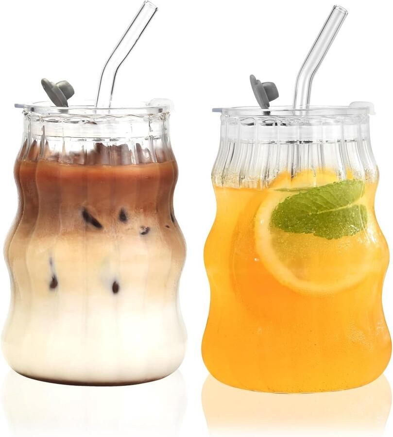 Latte Macchiato-glazen van 530 ml met deksel en rietje ijskoffieglazen longdrinkglazen smoothiebeker luchtdicht en waterdicht design ideaal als koffie