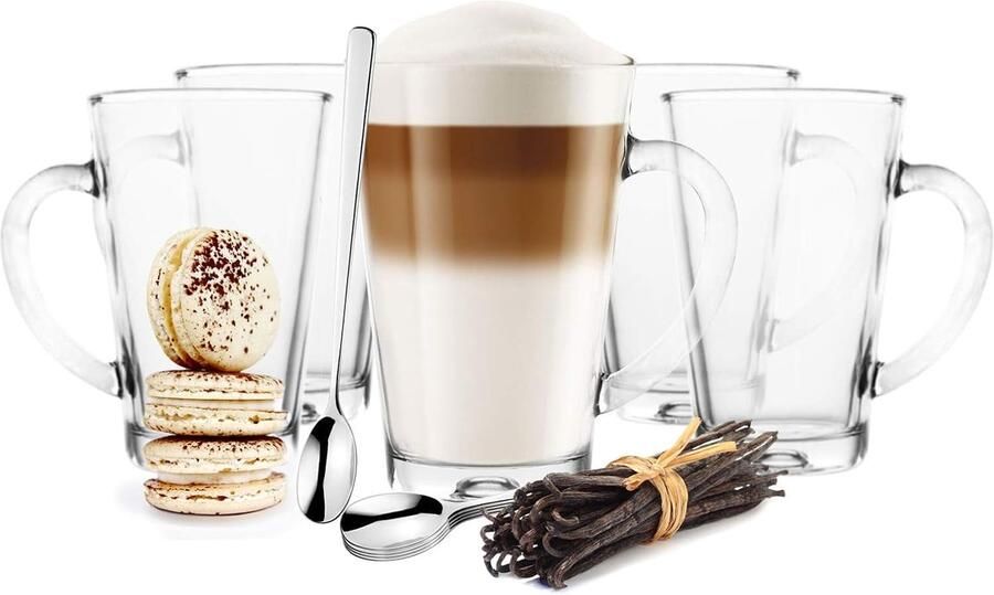 Latte Macchiatoglazen 350 ml met handvat en 6 lepels koffieglazen theeglazen 6 stukstransparant