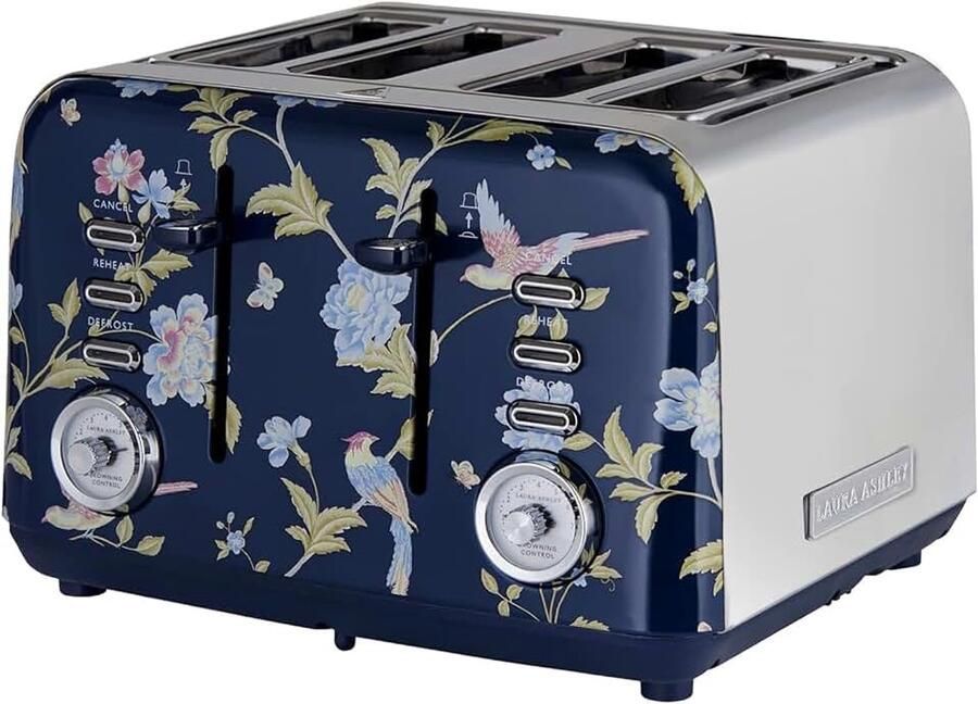 Laura Ashley Elveden Navy Vintage Broodrooster 4 Plakjes Roestvrijstalen Met Instelbare Verwarming Ontdooi- en Opwarmfuncties Vintage Broodrooster Inclusief Croissant Opwarmstandaard