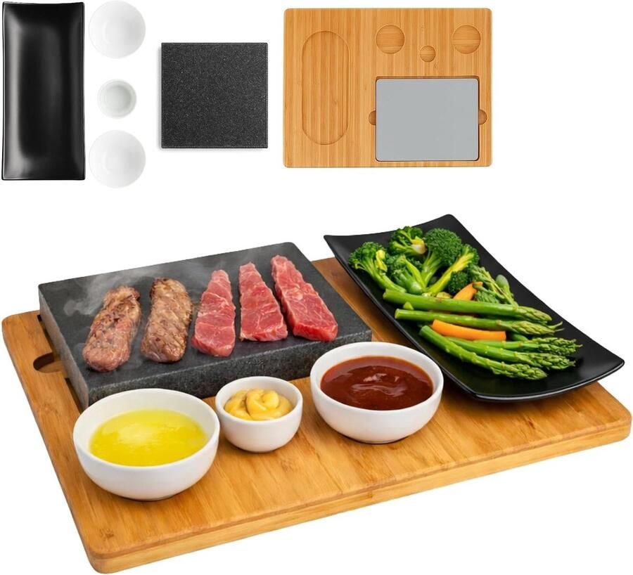 Lavasteen Steakplank Serveerschaal Grillplaat Aan Tafel Grillen Inclusief Dip Schalen 29 x 39 x 10 cm