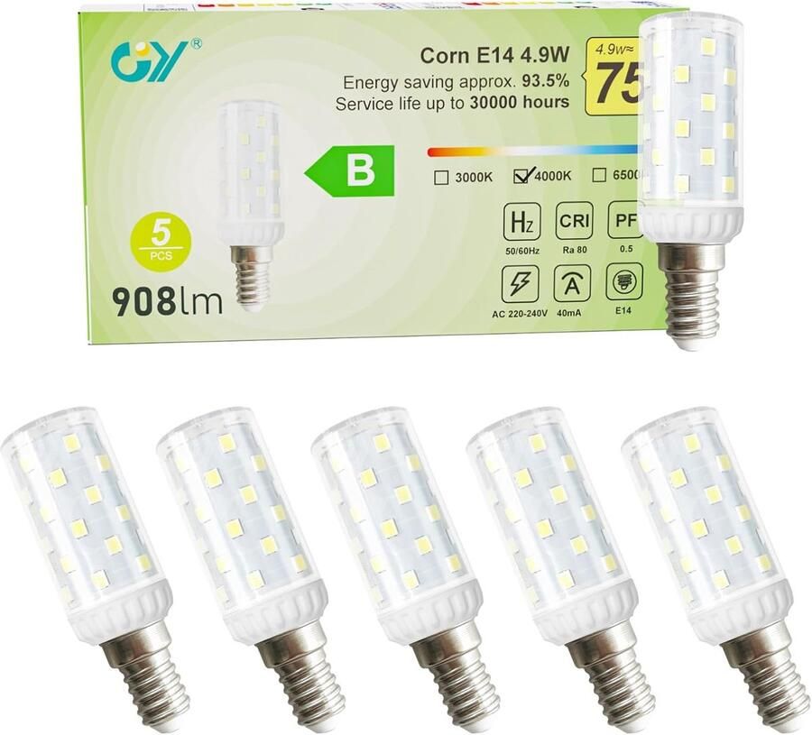 Led-lamp E14 4 9 W 908 lumen 4000 K neutraal wit 5 stuks voor afzuigkap en kroonluchter