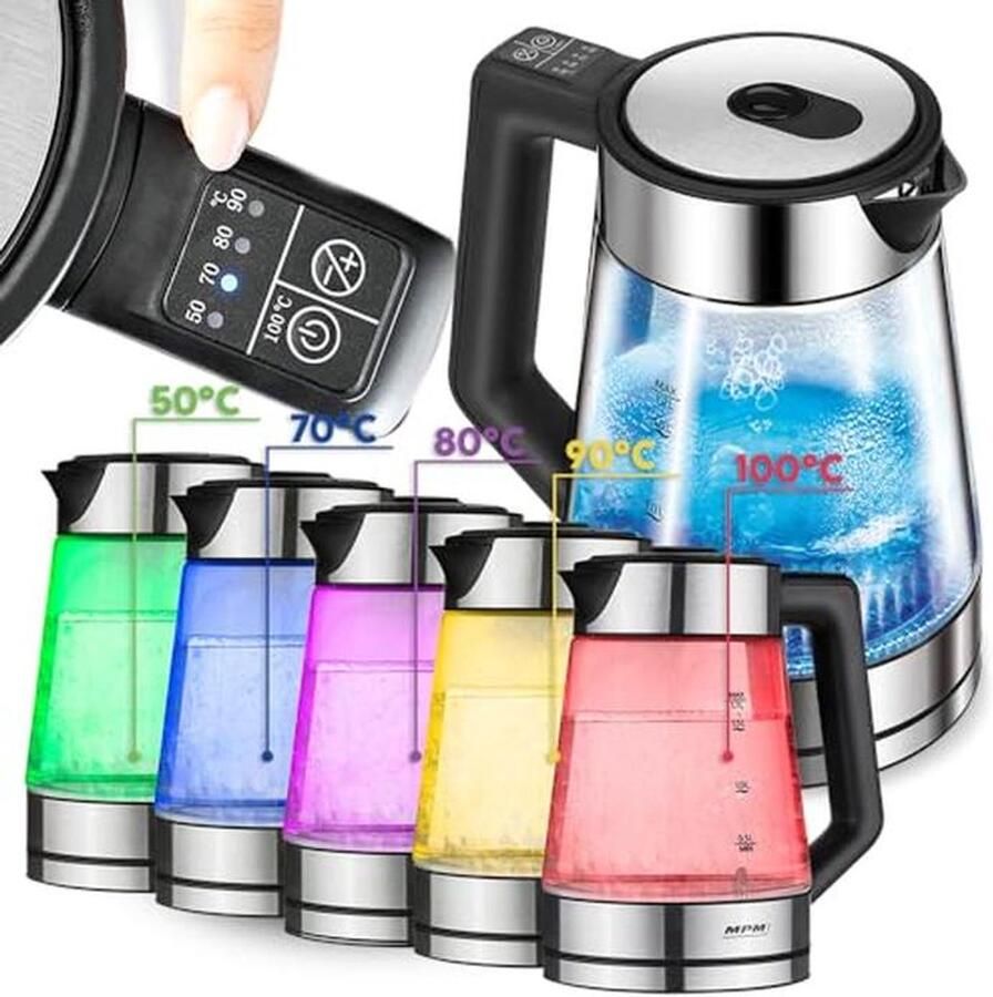 LED Waterkoker met Temperatuurregeling van 50-100 °C Glazen en RVS Behuizing 2200 W