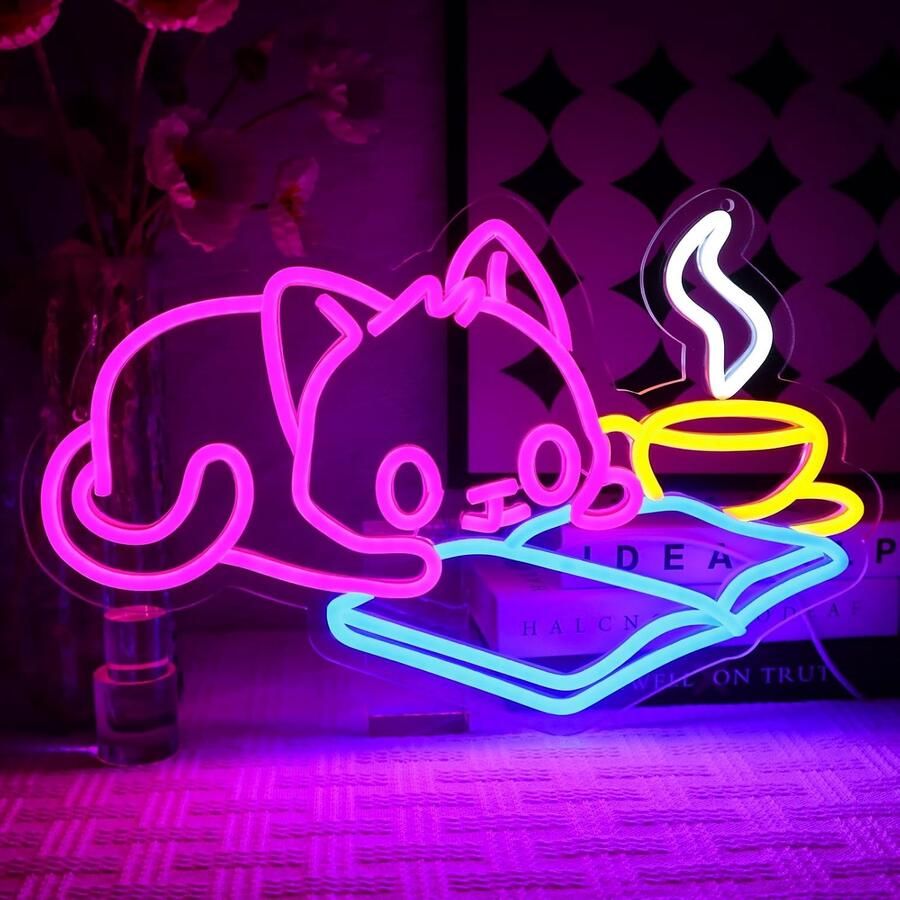 Leesende kat neonbord schattig dier led-neonbord muur kat neonbord USB-ledbord voor koffie bar restaurant slaapkamer klaslokaal leeshoek boekenclub feestdecoratie