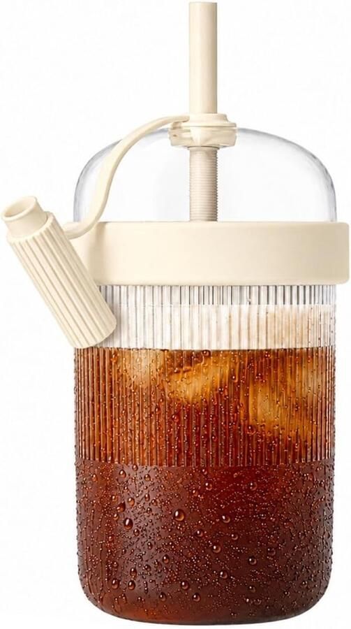 Lekvrije beker met rietje 540 ml + borstel trendy tritan tumbler voor ijskoffie matcha latte en warme koude thee beige pastel nude