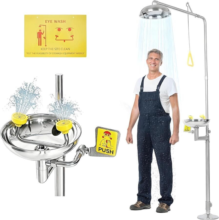 Lesolar 304 roestvrij staal oogdouche nooddouche oogspoelstation voor industrie en bedrijf combinatie-oogspoeldouche met noodschild en NPT-schroefdraad