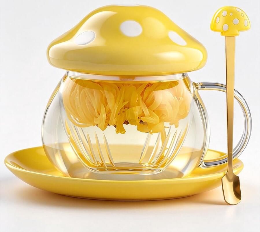 Leuke theekop met paddenstoelenglas met infuser en lepel doorzichtige Kawaii theepot met zeeffilter keramisch deksel en onderzetter hittebestendig voor thuis en op kantoor 290 ml (geel)