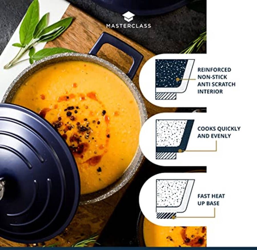 Lichtgewicht Braadpan met Deksel Gegoten Aluminium Stoofpan Geschikt voor Inductiekookplaat en Oven Metallic Blauw