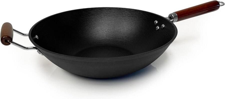 Lichtgewicht Gietijzeren Wok met Houten Handvat 35 5 cm Platte Bodem Voor Roerbakken en Chinees Koken