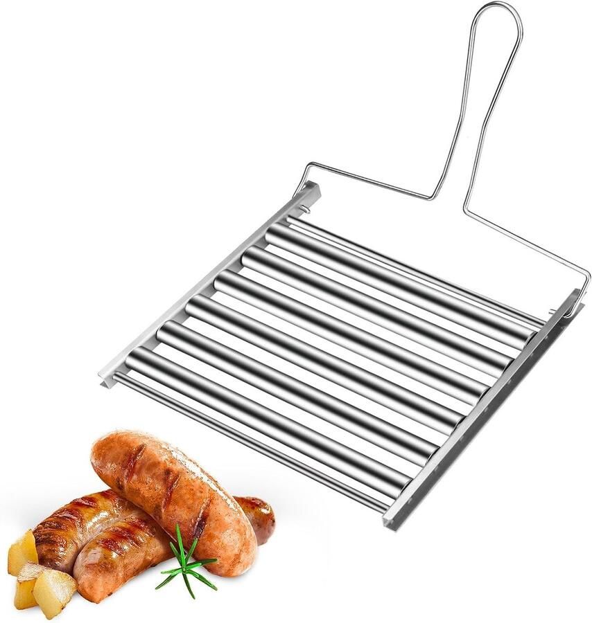LIFE Hotdog-roller voor grill groot 24 x 20 5 cm gelijkmatig koken hotdog-roller roestvrijstalen worstrolrek met opvouwbaar handvat voor barbecue outdoor kamperen