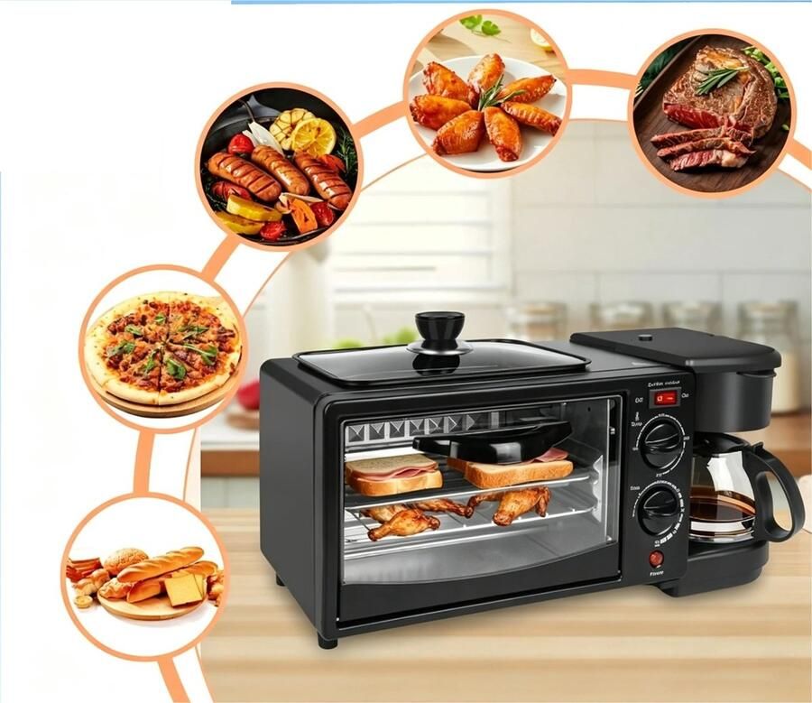 Linkforu 3-in-1 Mini Oven Met Koffiezetapparaat Compact Ontbijtstation Voor Grillen Bakken Koffie Zetten Ideaal Voor Kleine Keukens