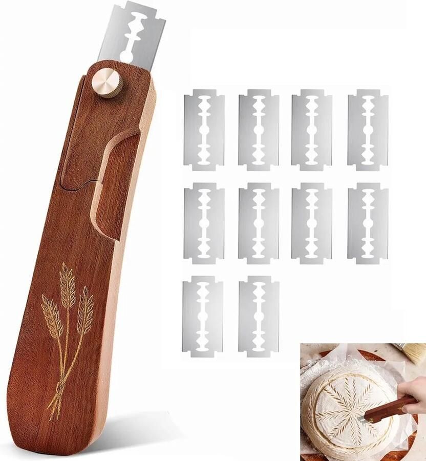 LISM Broodsnijmachine Professioneel grenenhouten broodmes Broodsnijset (met 10 vervangende messen) Deegmes Geschikt voor zuurdesembrood en baguettes