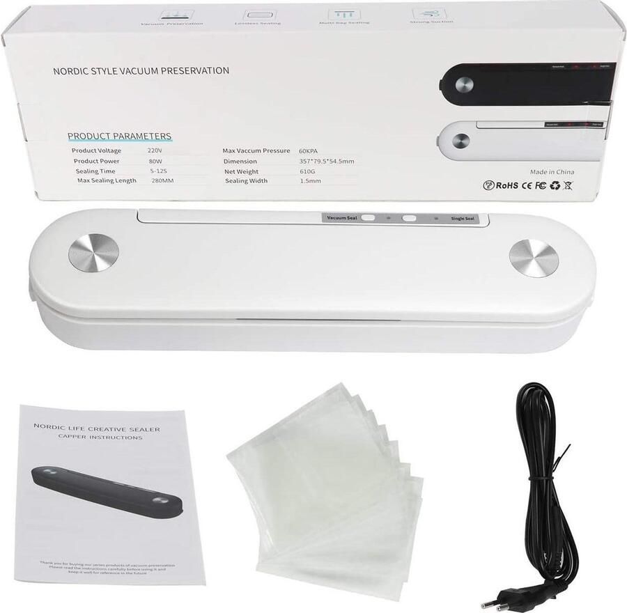 LivingHub Nordic Vacumeermachine Vacuümsealer Vacuüm Sealer Inclusief 10 Vacuumzakken Vacumeerapparaat Keuken Apparaat