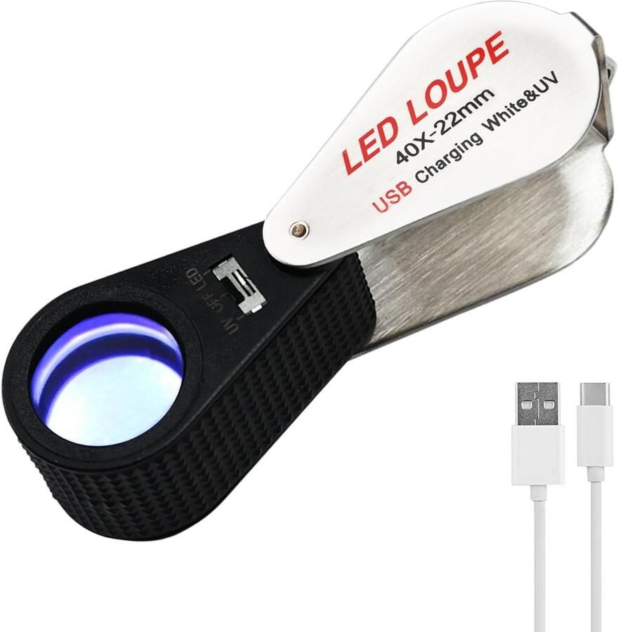 Loep met LED en UV-licht oplaadbare opvouwbare loep voor sieraden horloges munten 22 mm optische lens metalen constructie ideaal voor juweliers horlogereparatie hobbyisten