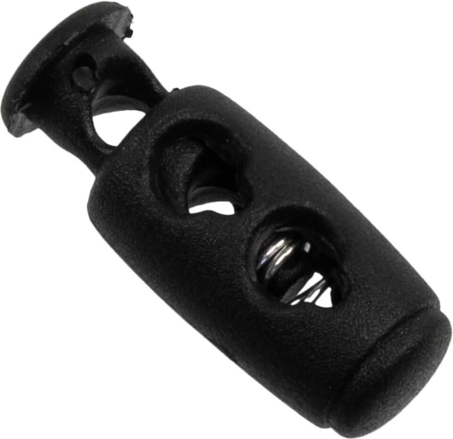 Lot van 12 blokkeerlussen met veer en 2 gaten openingen 3.5 mm van plastic kleur zwart voor het afstellen van veters kleding accessoires
