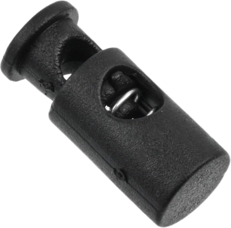 Lot van 12 koordstoppen cilinder 10x23 mm met 1 veergat opening 5.5 mm stop koord van plastic kleur zwart