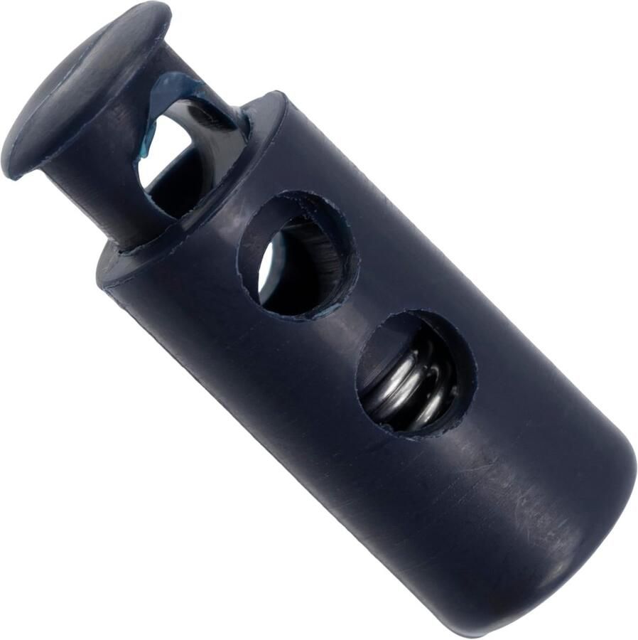 Lot van 12 veer-gecoreerde cilindrische stop-kordons met 2 gaten stop voor het vastzetten van de koord opening 3.5 mm van plastic kleur donkerblauw
