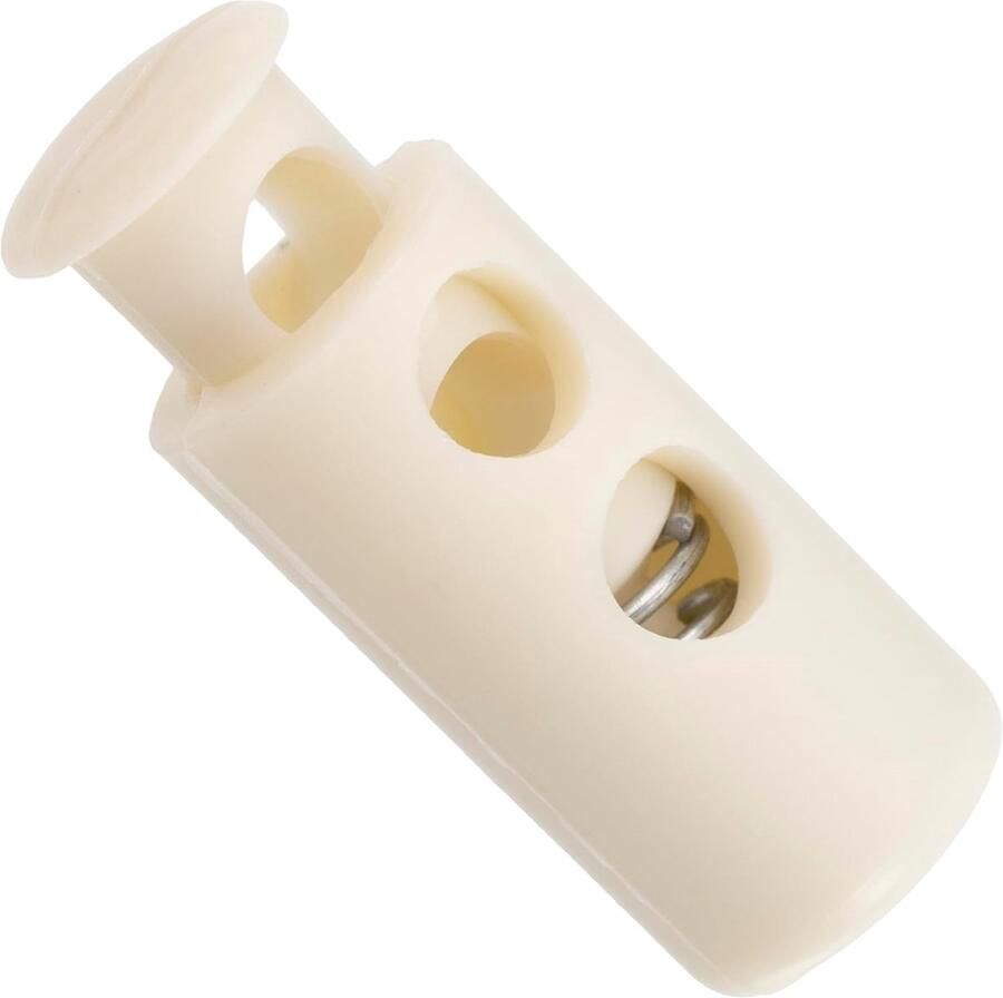 Lot van 12 veer-gecoreerde cilindrische stop-kordons met 2 gaten stop voor het vastzetten van de koord opening 3.5 mm van plastic kleur ecru