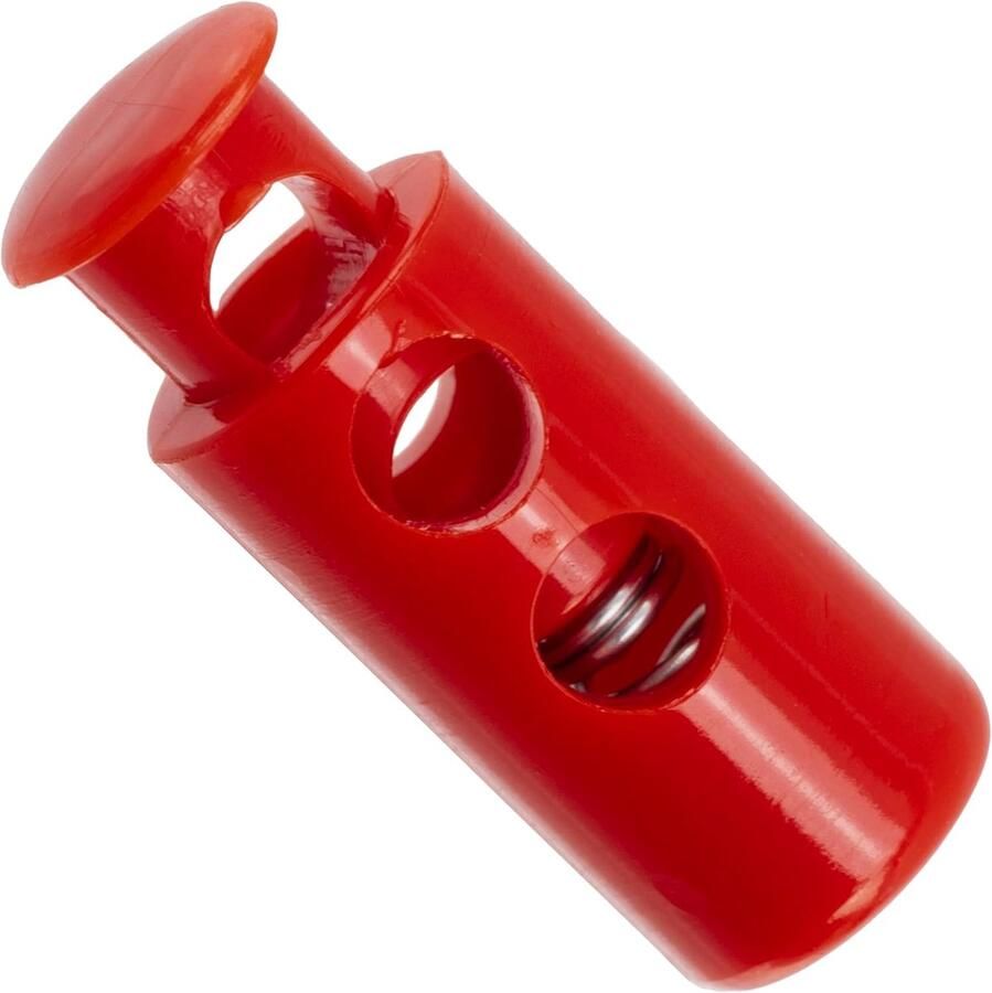 Lot van 12 veer-gecoreerde cilindrische stop-kordons met 2 gaten stop voor het vastzetten van de koord opening 3.5 mm van plastic kleur rood