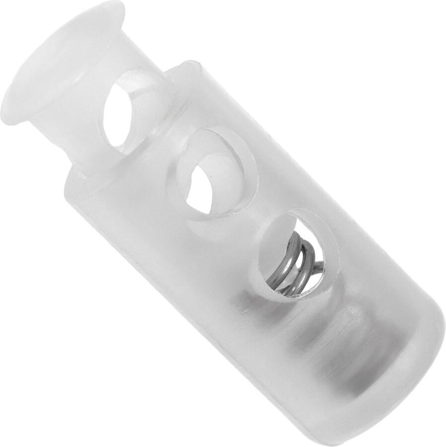 Lot van 12 veer-gecoreerde cilindrische stop-kordons met 2 gaten stop voor het vastzetten van de koord opening 3.5 mm van plastic kleur transparant wit