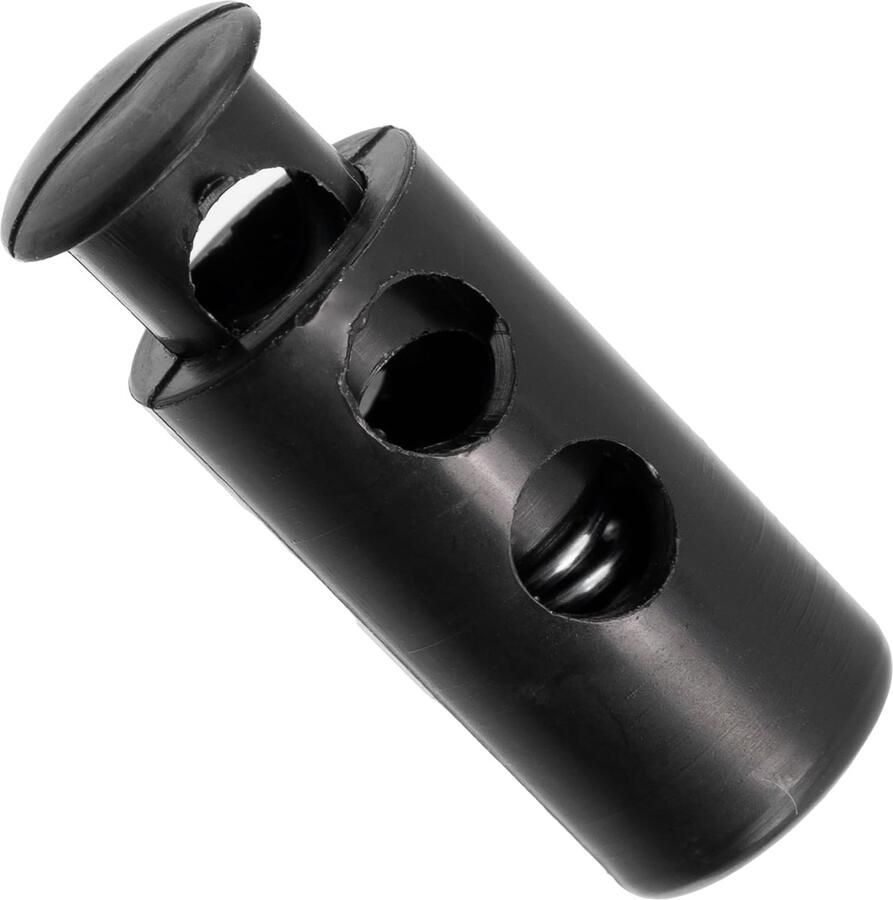 Lot van 12 veer-gecoreerde cilindrische stop-kordons met 2 gaten stop voor het vastzetten van de koord opening 3.5 mm van plastic kleur zwart
